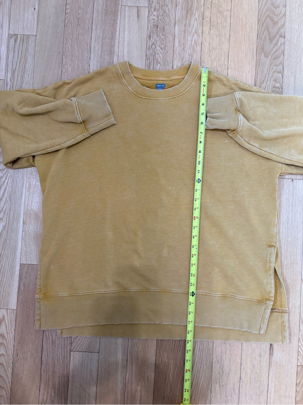 Aerie Oversized Crewneck Sweatshirt XL Distressed Mustard Yellow Side Slit Cozy - Picture 5 of 8
